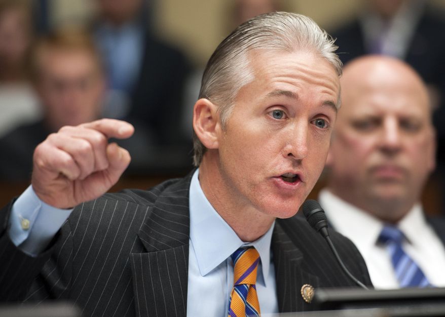 ** FILE ** In this May 8, 2013, file photo, Rep. Trey Gowdy, R-S.C., questions a witness during the House Oversight and Government Reform Committee's hearing on Benghazi on Capitol Hill in Washington. (AP Photo/Cliff Owen, File)