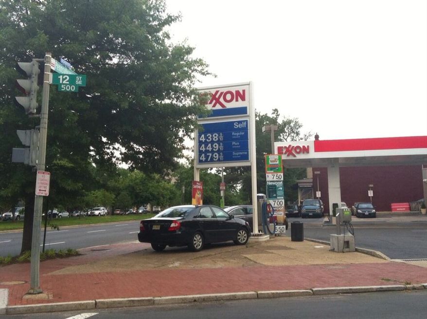 The price of gas at a D.C. station on Capitol Hill was $4.38 per gallon on May 20, well above the city average of $3.87 per gallon and the regional average of $3.64 per gallon (Andrea Noble/The Washington Times)