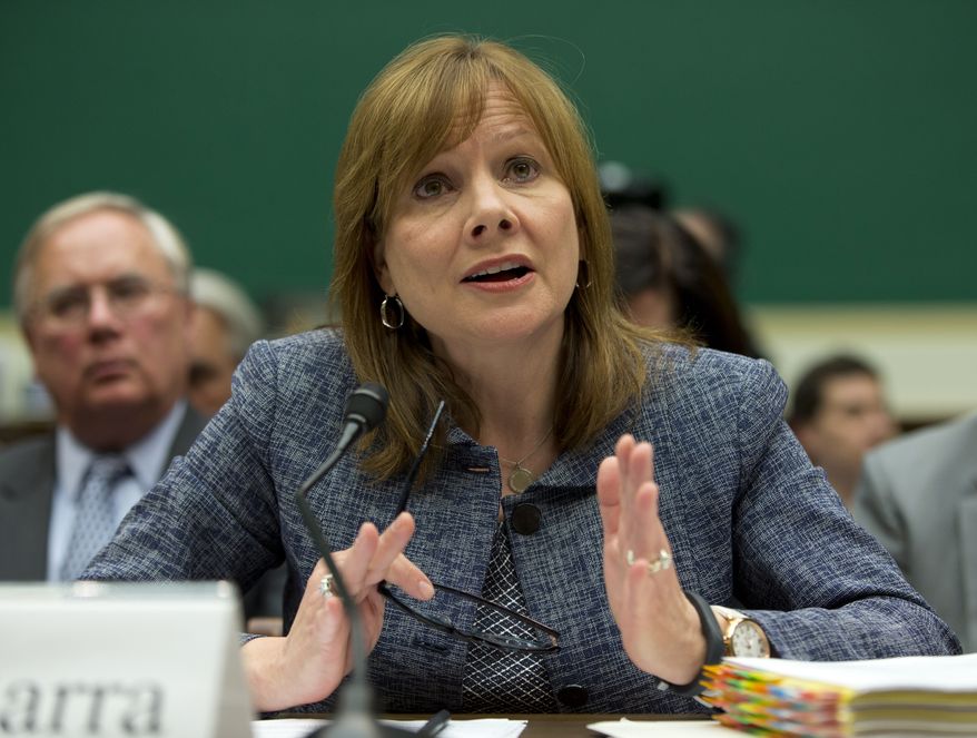 FILE - In this April 1, 2014 file photo, General Motors CEO Mary Barra testifies before the House Energy and Commerce subcommittee on Oversight and Investigation on Capitol Hill in Washington. Barra and former U.S. Attorney Anton Valukas, who last week issued a report on GM’s delayed recall of 2.6 million small cars equipped with defective ignition switches, will appear before the House Energy and Commerce Committee’s oversight subcommittee on June 18, 2014, the panel announced Wednesday. (AP Photo/Evan Vucci, File)