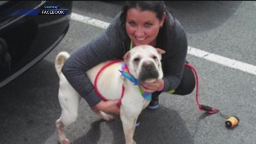 Sarah Gossard with her beloved shar-pei, Nala. A Baltimore police officer was arrested and charged with aggravated animal cruelty after he slit Nala's throat, authorities said Wednesday. (WBAL-TV/Facebook)