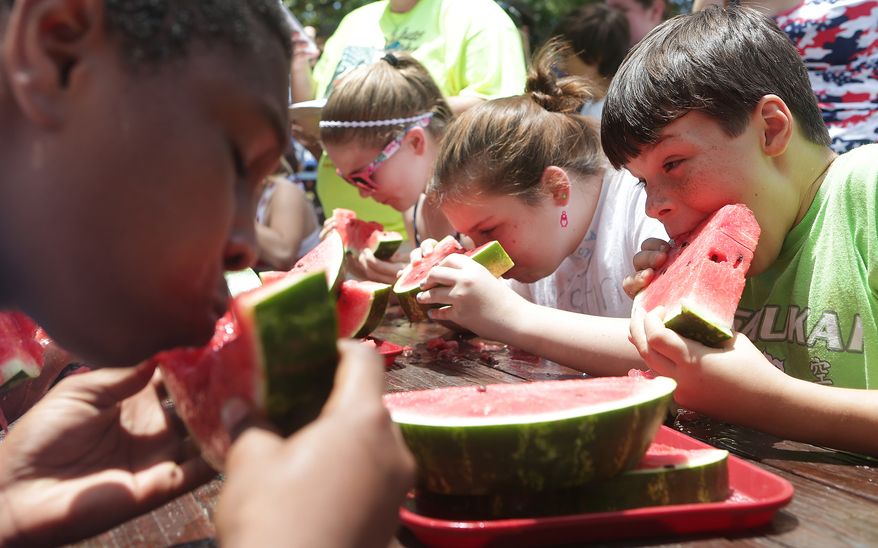 ** FILE ** Moses Sanders, 13, right, competes in the watermelon-eating contest with others in the 11-to-13 age group at Sheffield Park in Lynn Haven, Fla., on Friday, July 4, 2014. (AP Photo/The News Herald, Heather Leiphart)