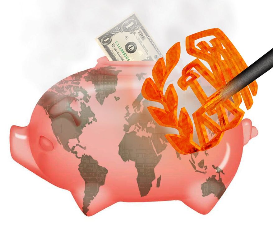 Illustration on U.S. overreach on international banks by Alexander Hunter/The Washington Times