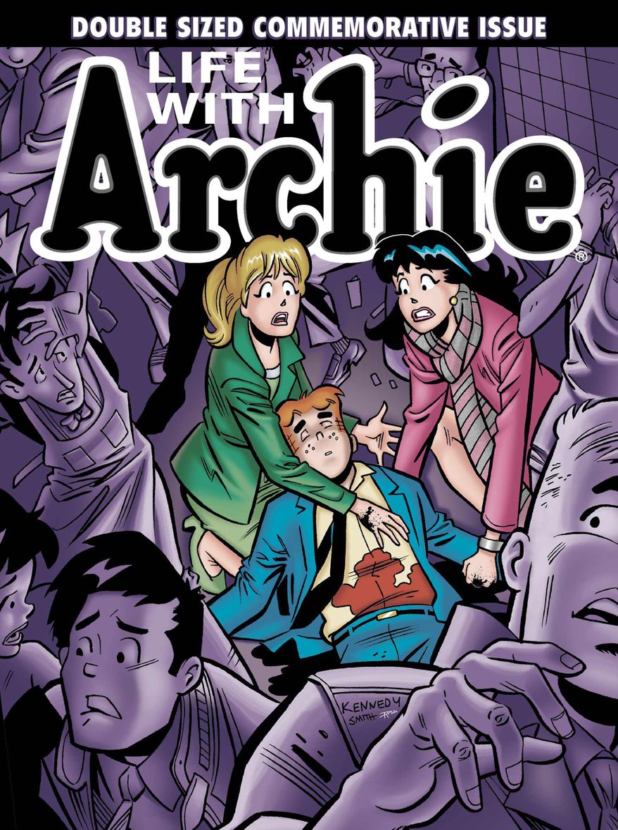 This photo provided by Archie Comics shows the cover of the comic book, "Life with Archie," issue 36. Archie Andrews will die taking a bullet for his gay best friend. The famous freckle-faced comic book icon will die in the July 16, 2014 installment of "Life with Archie" while intervening in the assassination of Kevin Keller, Archie Comics' first openly gay character. (AP Photo/Archie Comics)