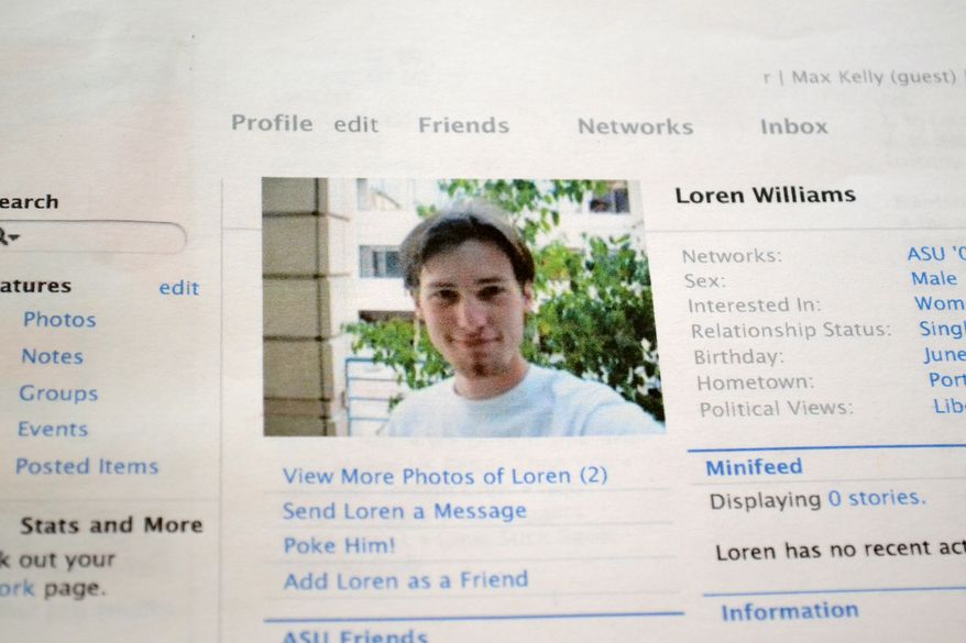FILE - This Feb. 16, 2013 file photo shows a printout of the Facebook page for Loren Williams, now deceased, at the Beaverton, Ore. home of his mother, Karen Williams. Williams sued Facebook for access to Loren's account after he died in a 2005 motorcycle accident at the age of 22. The Uniform Law Commission on Wednesday, July 16, 2014 was expected to endorse a plan to automatically give loved ones access to — but not control of — all digital accounts, unless otherwise specified. (AP Photo/Lauren Gambino, File)