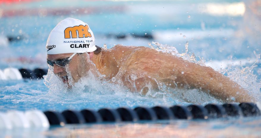 Tyler Clary swims the butterlfy during the men's 400 meter individual medley at the U.S. nationals of swimming, Friday, Aug. 8, 2014, in Irvine, Calif. Clary won the event. (AP Photo/Mark J. Terrill)