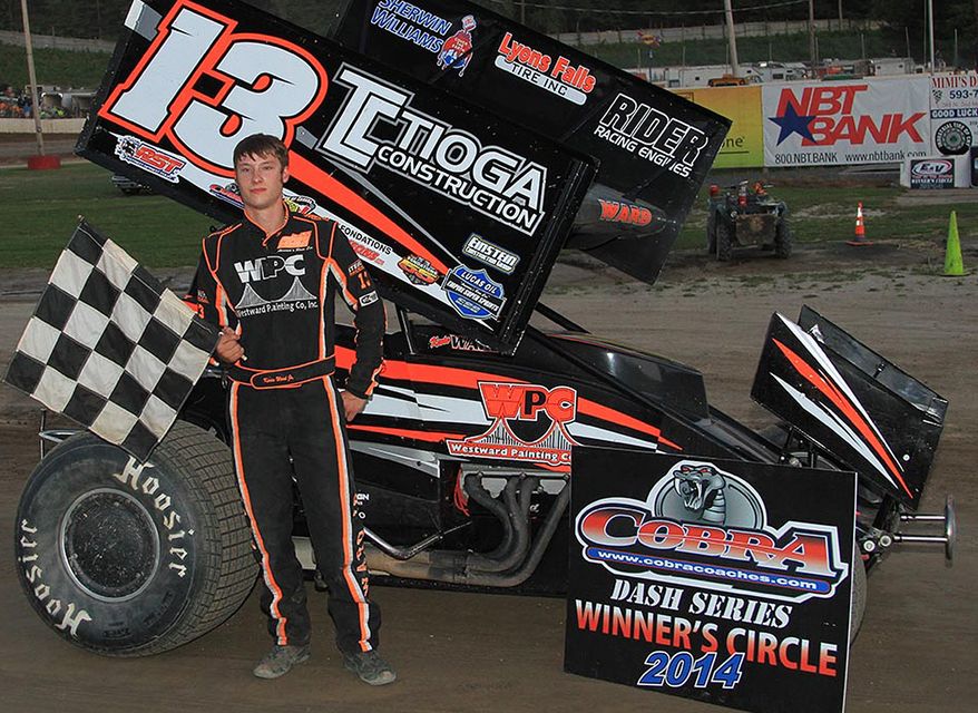 **FILE** This July 5, 2014 photo provided by Empire Super Sprints, Inc., shows sprint car driver Kevin Ward Jr., in the vicotry lane with his car at the Fulton Speedway in Fulton, N.Y. Ward was killed Saturday, Aug. 9, 2014 at the Canandaigua Motorsports Park in Central Square, N.Y., when the car being driven by Tony Stewart struck the 20-year-old who had climbed from his crashed car and was on the darkened dirt track trying to confront Stewart following a bump with Stewart one lap earlier. (AP Photo/Empire Super Sprints, Inc.)
