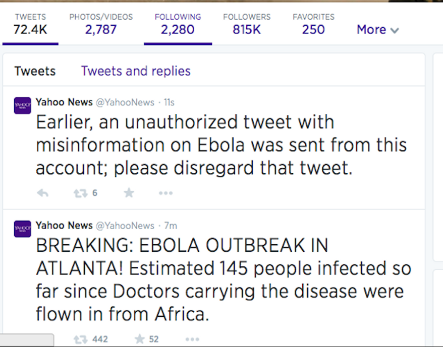 The Twitter account for Yahoo News appeared to have been compromised Sunday afternoon after it sent out a tweet that briefly panicked users. (Twitter)