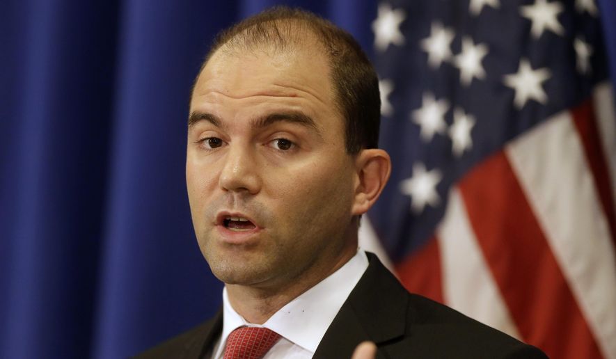 Deputy National Security Adviser for Strategic Communications and Speechwriting Ben Rhodes speaks to reporters during a press briefing, Friday, Aug. 22, 2014, in Edgartown, Mass., on the island of Martha's Vineyard. (AP Photo/Steven Senne) ** FILE **
