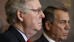 Senate Majority Leader Mitch McConnell, R-Ky., left, and Speaker of the House John Boehner, R-Ohio, stand together Feb, 13, 2015, at a ceremony before the signing of the bill authorizing expansion of the Keystone XL pipeline, at the Capitol in Washington. (Associated Press) **FILE**