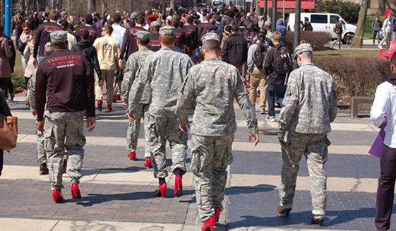 ROTC cadets participate in a &quot;Walk a Mile in Her Shoes&quot; event held at Temple University on April 1, 2015. (Image: Temple University Army ROTC)