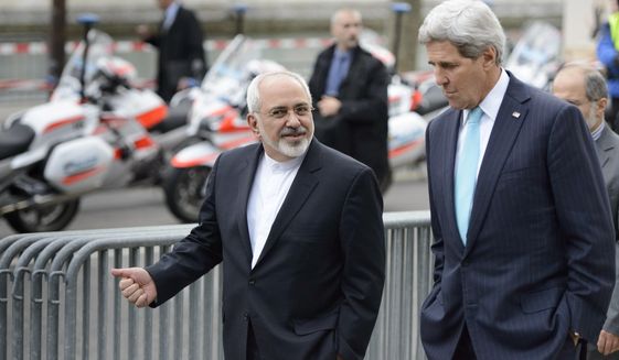 FILE - In this file photo taken Wednesday, Jan. 14, 2015, U.S. Secretary of State John Kerry, right, speaks with Iranian Foreign Minister Mohammad Javad Zarif, as they walk in Geneva, Switzerland, ahead of the next round of nuclear discussions. Should the talks over Iran&#39;s nuclear program collapse, the alternatives are not appealing: the war option that the United States has kept on the table has few fans, and the world does not seem willing to truly bring Iran to its knees by shutting off the flow of capital and goods. (Laurent Gillieron/Keystone via AP, File)