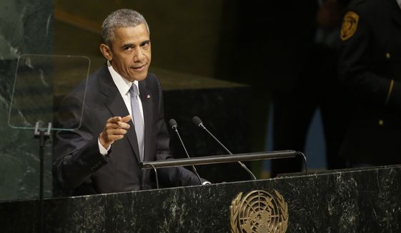 United States President Barack Obama addresses the 70th session of the United Nations General Assembly at U.N. headquarters, Monday, Sept. 28, 2015. (AP Photo/Mary Altaffer)