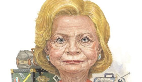 Illustration on Hillary Clinton&#39;s historical/political baggage by Alexander Hunter/The Washington Times