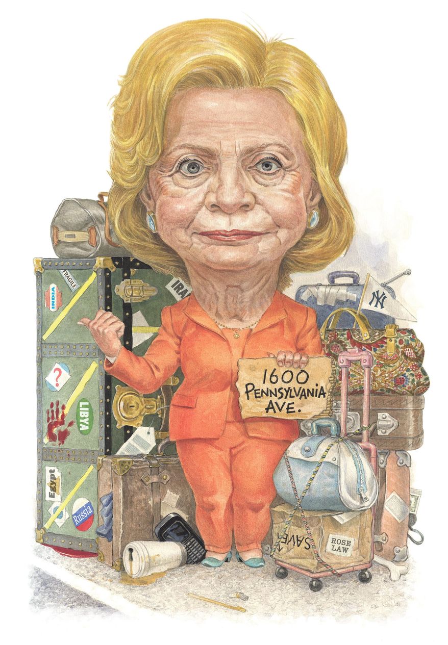 Illustration on Hillary Clinton's historical/political baggage by Alexander Hunter/The Washington Times