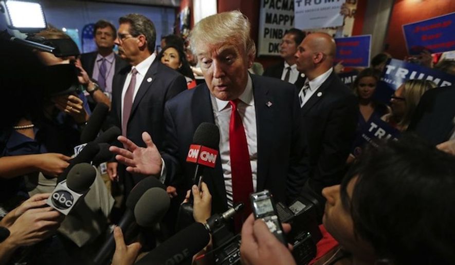 Republican presidential candidate Donald Trump at the National Federation of Republican Assemblies in Nashville, Tenn. (Associated Press) **FILE**