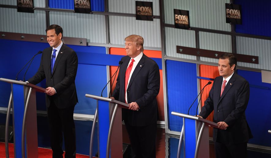 Republican presidential candidate, Sen. Marco Rubio, R-Fla., Republican presidential candidate, businessman Donald Trump  and Republican presidential candidate, Sen. Ted Cruz, R-Texas, from left, participate during the Fox Business Network Republican presidential debate at the North Charleston Coliseum, Thursday, Jan. 14, 2016, in North Charleston, S.C. (AP Photo/Rainier Ehrhardt) ** FILE **