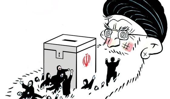 Illustration on the mullahs domination of the election process in Iran by Alexander Hunter/The Washington Times