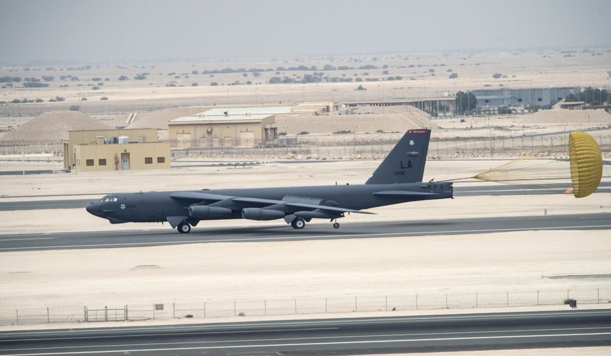 A U.S. Air Force B-52 Stratofortress aircraft from Barksdale Air Force Base, Louisiana, arrive at Al Udeid Air Base, Qatar, Saturday, April 9, 2016. The U.S. Air Force says it has deployed the bombers to take part in the U.S.-led bombing campaign against the Islamic State group. It is the first time the Cold War-era heavy bombers will be based in the region since the 1991 Gulf War, when they operated from neighboring Saudi Arabia. (Staff Sgt. Corey Hook/U.S. Air Force via AP)