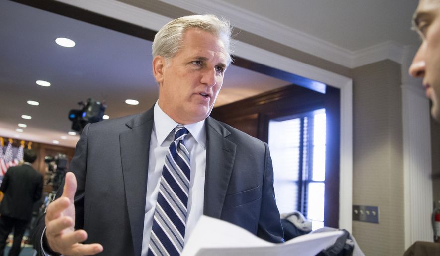 In this Dec. 8, 2015, file photo, House Majority Leader Kevin McCarthy of California speaks with a reporter on Capitol Hill in Washington. (AP Photo/J. Scott Applewhite, File)