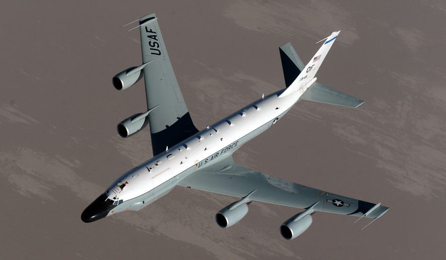 A RC-135 Rivet Joint, assigned to the 763rd Expeditionary Reconnaissance Squadron, flies over Afghanistan in support of Operation Enduring Freedom, June 19, 2011. The RC-135 Rivet Joint reconnaissance aircraft supports theater and national level consumers with near real time on-scene intelligence collection, analysis and dissemination capabilities.