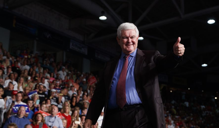 Former Speaker of the House Newt Gingrich arrives to introduce Republican presidential candidate Donald Trump speaks during a campaign rally, Monday, Sept. 19, 2016, in Ft. Myers, Fla. (AP Photo/ Evan Vucci)