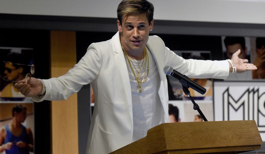 FILE - In this Jan. 25, 2017, file photo, Milo Yiannopoulos speaks on campus in the Mathematics building at the University of Colorado in Boulder, Colo. Right-wing provocateur Yiannopoulos was trying to clarify past comments on relationships between boys and older men after a conservative site posted a collection of edited video clips that set social media abuzz. After the polarizing Breitbart News editor was invited this weekend to speak at the annual Conservative Political Action Conference sparked a backlash, the Reagan Battalion tweeted video clips Sunday, Feb. 19, 2017 in which Yiannopoulos discusses Jews, sexual consent, statutory rape, child abuse and homosexuality. (Jeremy Papasso/Daily Camera via AP, File)
