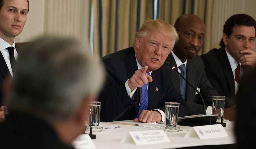 President Donald Trump speaks during a meeting with manufacturing executives at the White House in Washington, Thursday, Feb. 23, 2017. From left are, White House Senior Adviser Jared Kushner, Trump, Merck CEO Kenneth Frazier, and Ford CEO Mark Fields. (AP Photo/Evan Vucci)