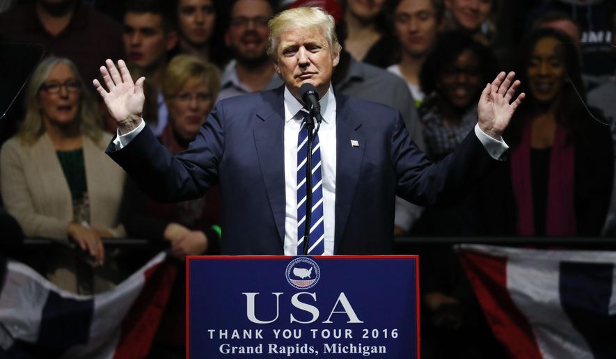 In this Dec. 9, 2016, photo, President-elect Donald Trump speaks to supporters during a rally, in Grand Rapids, Mich. The area around Grand Rapids has been very good to President Donald Trump, helping deliver him to the White House in 2016 with a victory in a blue state he wasn&#39;t supposed to win. But as Trump returns to Grand Rapids for a rally Thursday, March 28, 2019, there is cause for Republicans to worry. (AP Photo/Paul Sancya) **FILE**