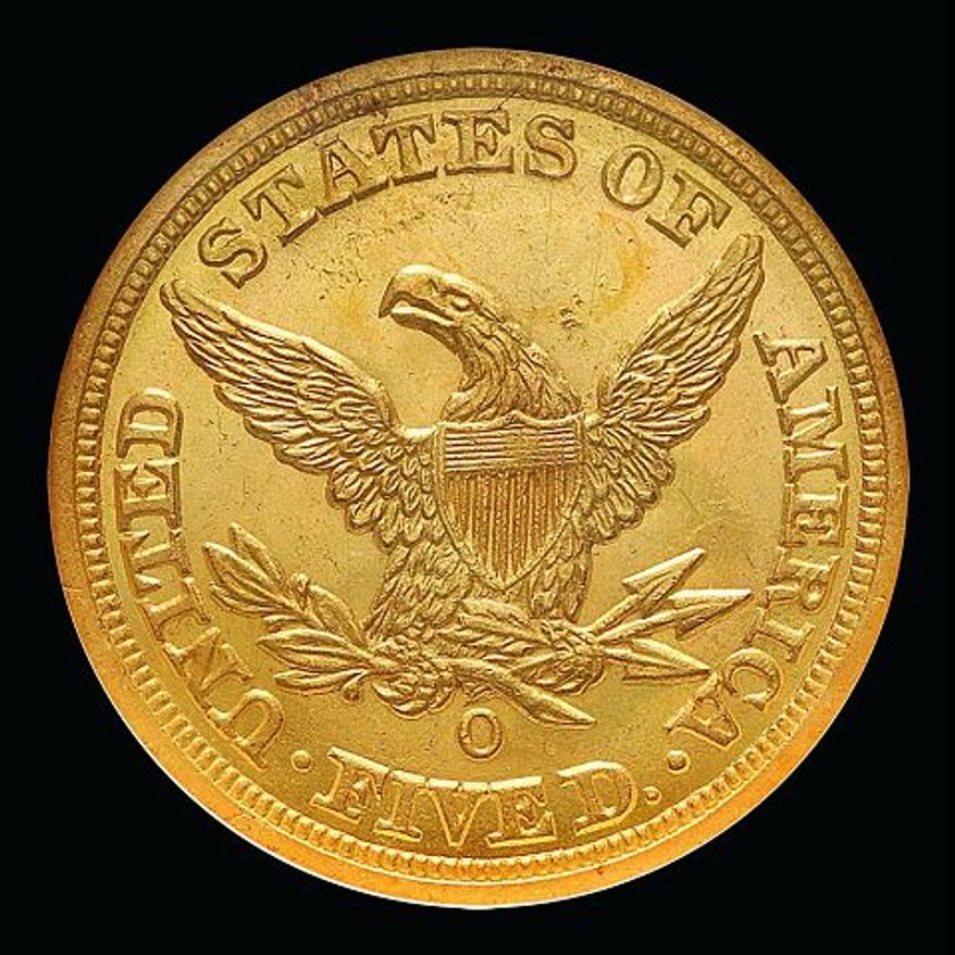 ** FILE ** The reverse side of a $5 gold coin struck at the New Orleans Mint in 1844 is shown.