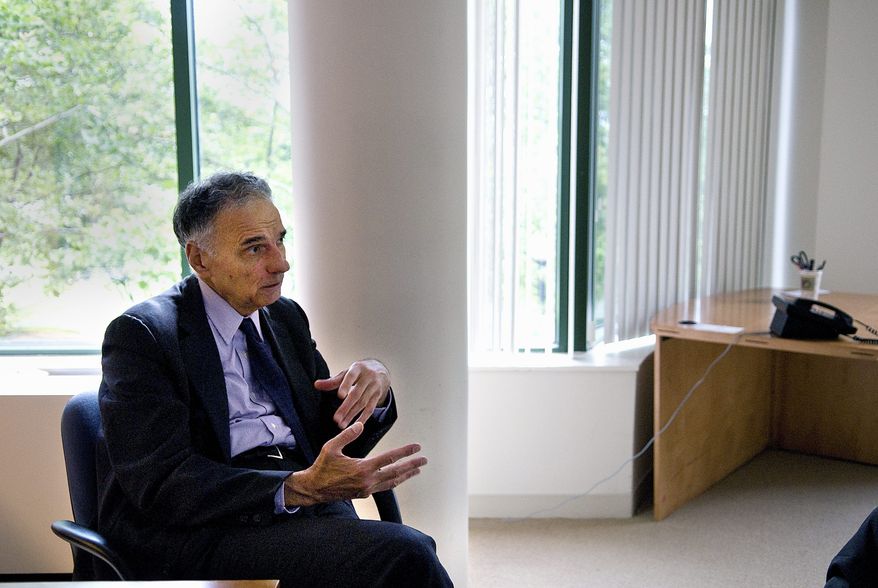 BACK FOR ROUND 3: Third-party candidate Ralph Nader talks Monday about his 2008 campaign at his Georgetown office. (John Tully/The Washington Times)
