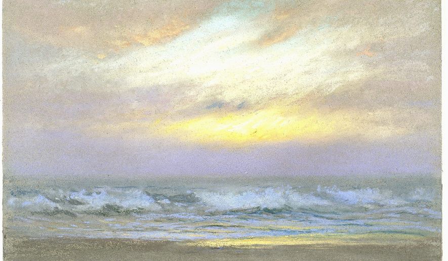 Dwight William Tryon's "Sunrise," one of a quartet of water scenes in the exhibition, features a sunny yellow streak across the early morning clouds.