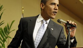 Democratic presidential candidate, Sen. Barack Obama, D-Ill., speaks after making a surprise visit to the Illinois women&#x27;s delegation luncheon in Denver Thursday, Aug. 28, 2008. (AP Photo/Alex Brandon)