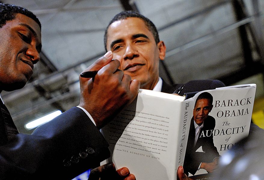 BARBARA L. SALISBURY/THE WASHINGTON TIMES
Sen. Barack Obama signs a copy of his book "The Audacity of Hope" following a Democratic rally in November 2006 at Bowie State University. The title is derived from his 2004 Democratic National Convention keynote address. At left, Sen. John McCain talks about his book "Faith of My Fathers: A Family Memoir," in 1999.
