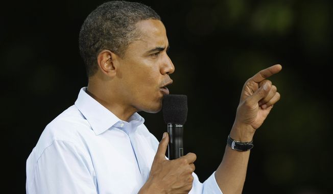 ** FILE ** Then-Sen. Barack Obama speaks at a presidential rally in Lancaster, Pa., on Sept. 4. (Associated Press)