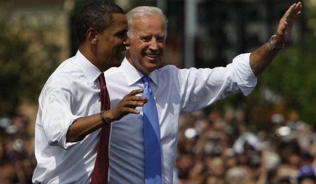 Democratic presidential candidate Sen. Barack Obama D-Ill., and his vice presidential running mate Sen. Joe Biden, D-Del., appear together Saturday, Aug. 23, 2008, in Springfield, Ill. (AP Photo/M. Spencer Green)