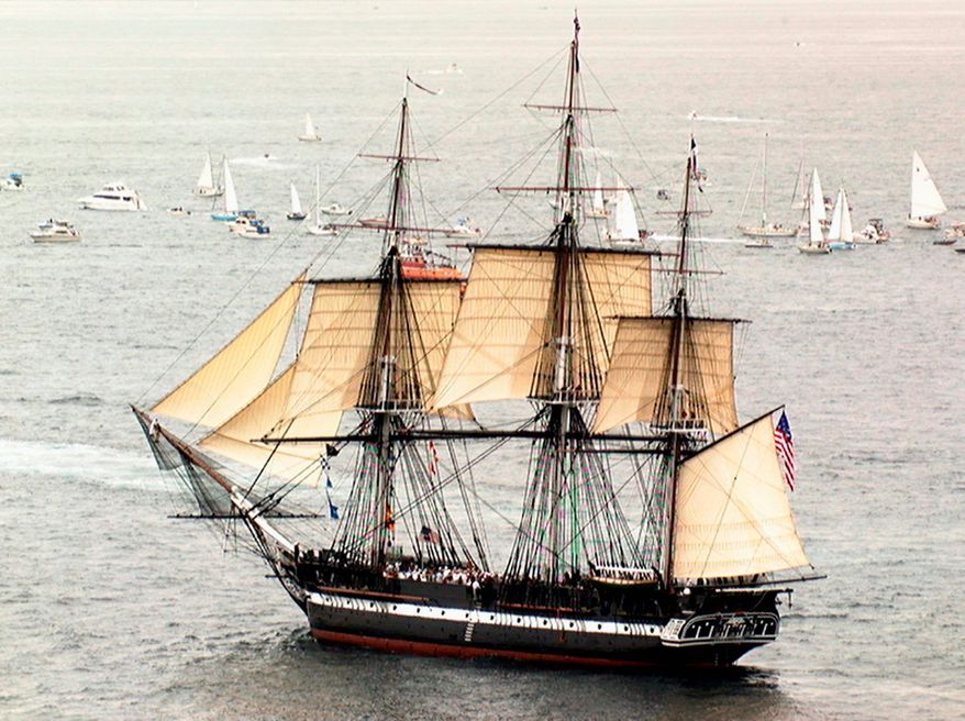 A Navy photograph from July 21, 1997, shows the USS Constitution under sail for the first time in more than a century. The ship's defeat of the British frigate HMS Guerriere in 1812 proved America's prowess in naval warfare. In the drawing at right, the ship's gun crew prepares to battle the Guerriere.