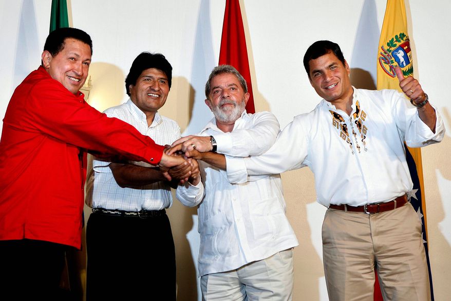Associated Press
Latin America leaders include (from left) Presidents Hugo Chavez of Venezuela, Evo Morales of Bolivia, Luiz Inacio Lula de Silva of Brazil and Rafael Correa of Ecuador.