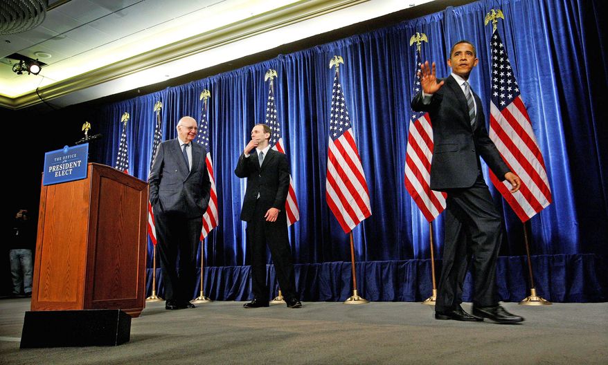 ASSOCIATED PRESS
President-elect Barack Obama leaves a news conference with former Federal Reserve Bank Chairman Paul Volcker (left) and economic adviser Austan Goolsbee (center) in Chicago. Mr. Obama defended his choices as experienced while "fresh thinking."