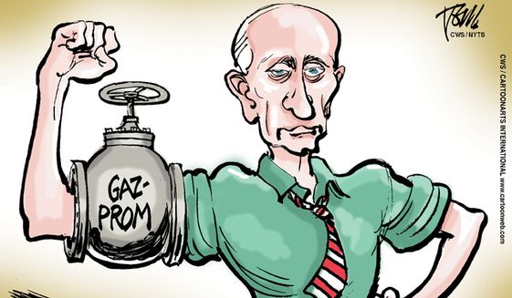 Putin gas muscle/Russian energy Gazprom Russian/Ukraine
(CartoonArts International/The New York Times Syndicate/File)