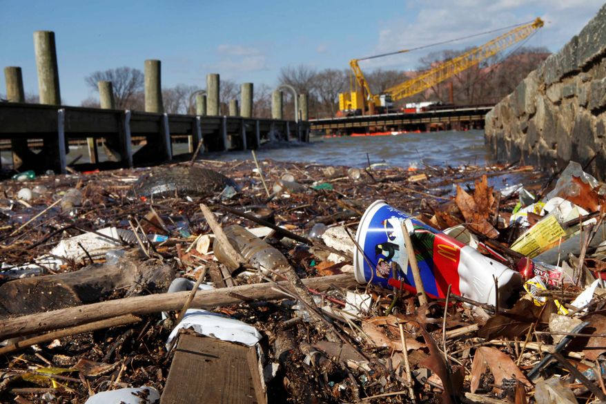 Trash piles up along the Anacostia River in the District on Thursday. D.C. Council member Tommy Wells has a proposal to charge shoppers 5 cents for each plastic and paper bag to help pay for cleanup. (Associated Press/File)