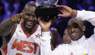 Western All-Star Shaquille O&#39;Neal (32) of the Phoenix Suns and Western All-Star Kobe Bryant (24) of the Los Angeles Lakers share the MVP award after the NBA All-Star basketball game Sunday, Feb. 15, 2009, in Phoenix. Associated Press. 