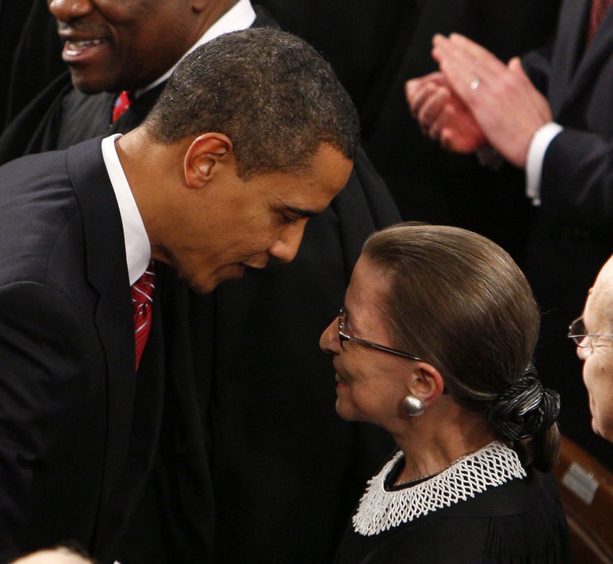President Barack Obama greets Supreme Court Justice Ruth Bader Ginsburg. Associated Press.
