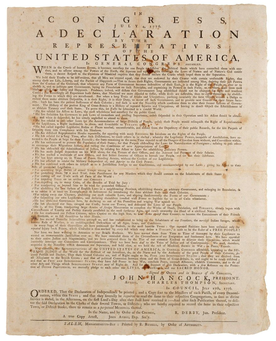 ** FILE ** This rare 1776 copy of the Declaration of Independence previously resided in Wiscasset, Maine, but is now owned by Richard Adams Jr., a Virginia technology entrepreneur. Only 11 of about 250 copies of the 1776 Declaration of Independence are known to still exist. (Associated Press)