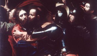 Caravaggio&#39;s 1602 painting entitled &quot;The Taking of Christ&quot; which will go on display at Washington&#39;s National Gallery of Art. To Christians it&#39;s one of the most dramatic moments of their faith, the kiss of Judas and the arrest of Jesus in the garden of Gethsemane. To art lovers it&#39;s the depiction of that moment by one of the greatest of Italian artists, Michaelangelo Meerisi, better known as Caravaggio. (AP Photo/National Gallery of Art)