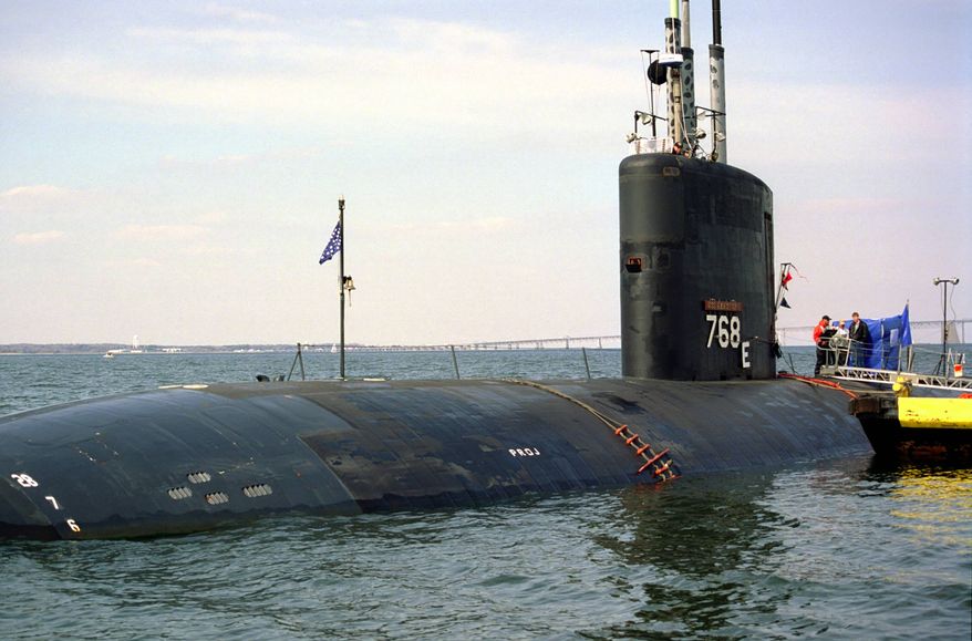 In this undated photo released by the U.S. Navy, the Port-side bow of the Los Angeles class nuclear-powered fast attack submarine USS Hartford (SSN 768) is seen anchored off the U.S. Naval Academy, in Annapolis, Md.