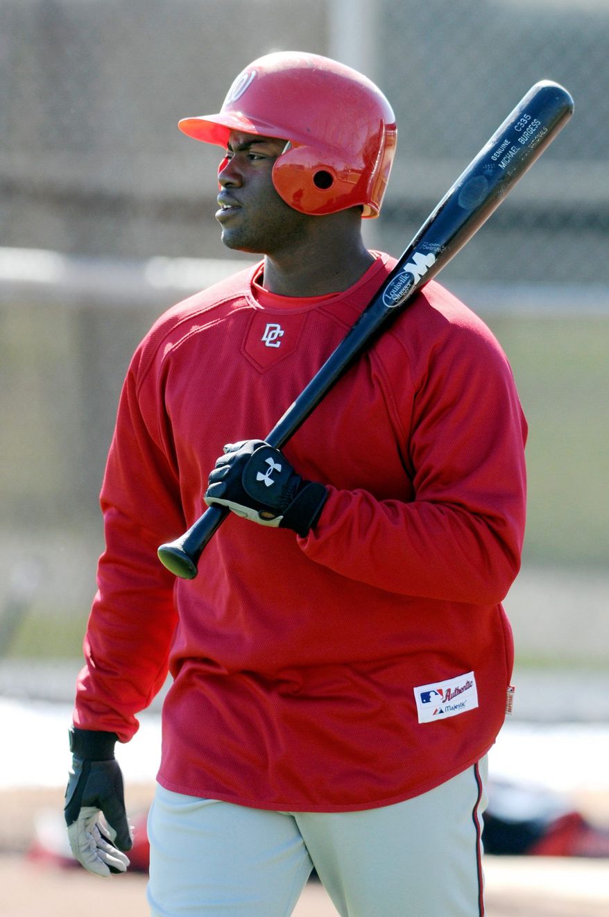 Michael Burgess of the Washington Nationals prepares for batting practice in the accelerated program at spring training in Viera, Fl., Thursday, February 28, 2008. (Peter Lockley / The Washington Times)