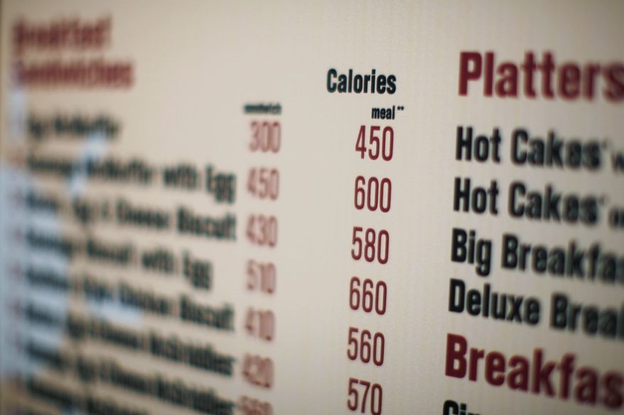 **FILE** This photo from July 18, 2008, shows a McDonalds drive-thru menu in New York printed with calorie counts for each food item. (Associated Press)