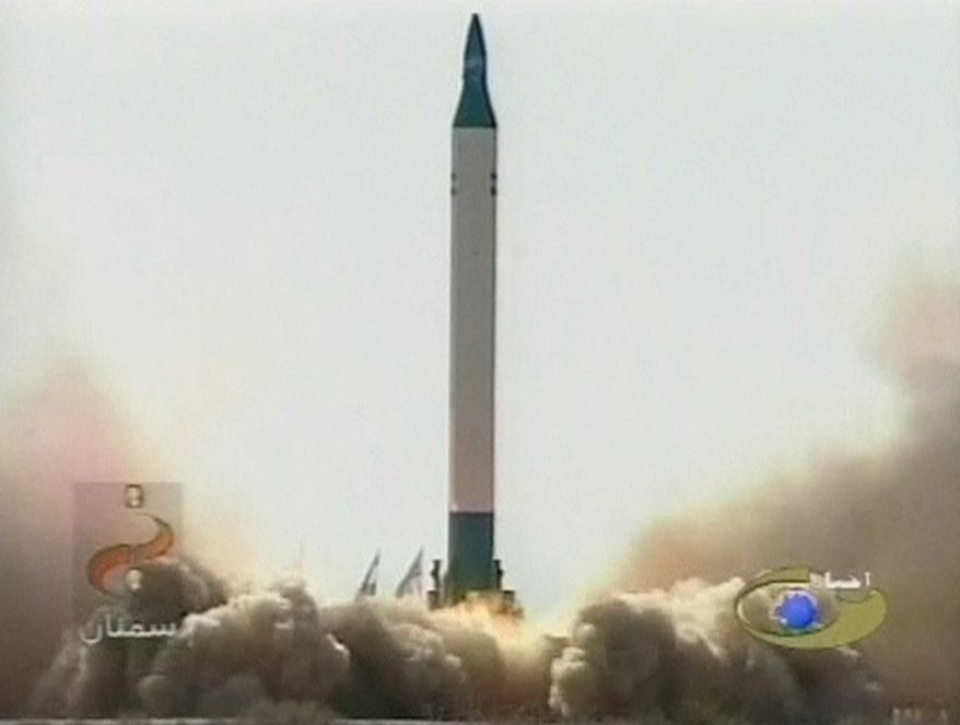 ** FILE ** This image made from a television broadcast on Wednesday, May 20, 2009, by the Iranian television station IRIB shows the launch of a Sajjil-2 surface-to-surface missile. The new advanced weapon is said to have a range of about 1,200 miles, far enough to strike Israel and southeastern Europe. (AP Photo/IRIB via APTN)