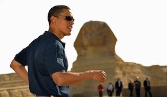 President Obama touring the Great Pyramids of Giza after his speech in Cairo to the Muslim world on June 4, 2009. AGENCE FRANCE-PRESSE/GETTY IMAGES
