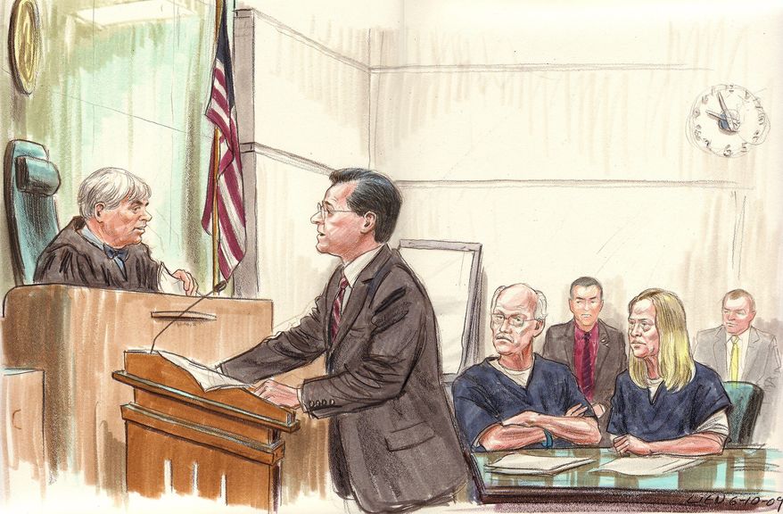 In this file courtroom drawing from 2009, Assistant US Attorney Gordon Michael Harvey (c) argues against the release of Kendall and Gwendolyn Myers (R seated) at a detention hearing before Judge John Facciola (L). Walter Kendall Myers and his wife, Gwendolyn Steingraber Myers, were later charged with conspiracy to hand over classified information to Cuba, serving as an illegal agent for a foreign government and wire fraud. (ILLUSTRATION BY ART LIEN/AFP/Getty Images)